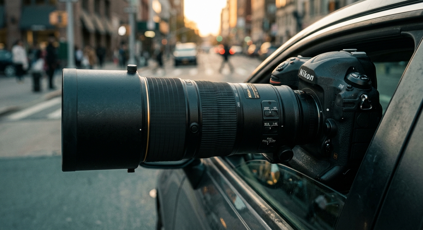 מצלמת DSLR מקצועית של ניקון עם עדשת טלפוטו ארוכה מונחת על חלון רכב פתוח על רקע רחוב עירוני